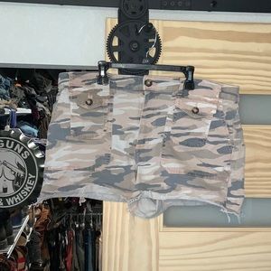 Pink and grey camo high waisted festival shorts